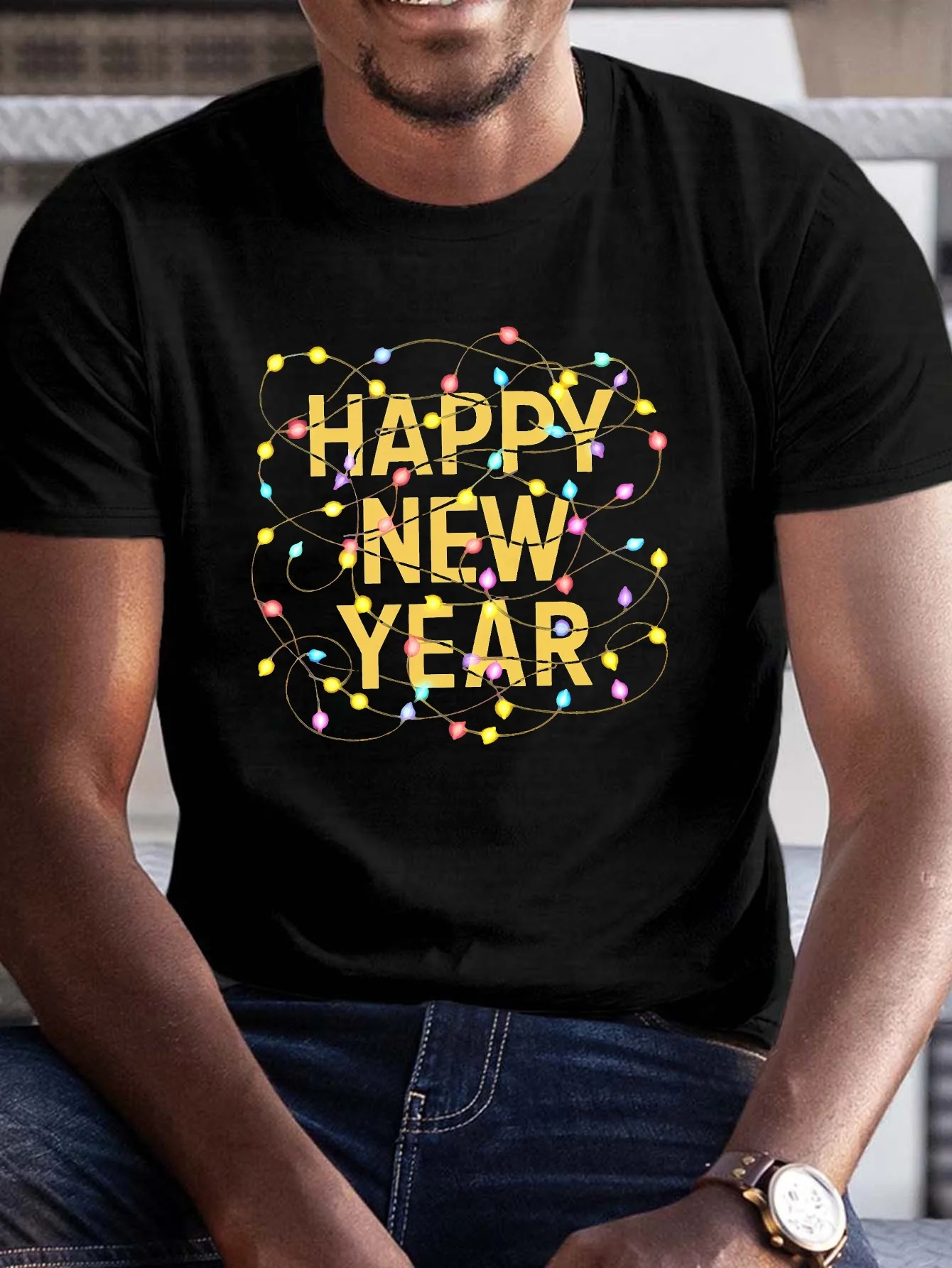 Men's New Year Celebration Graphic T-Shirt - Large Size, Breathable Fiber, Casual Round Neck Short Sleeve, Plus Size