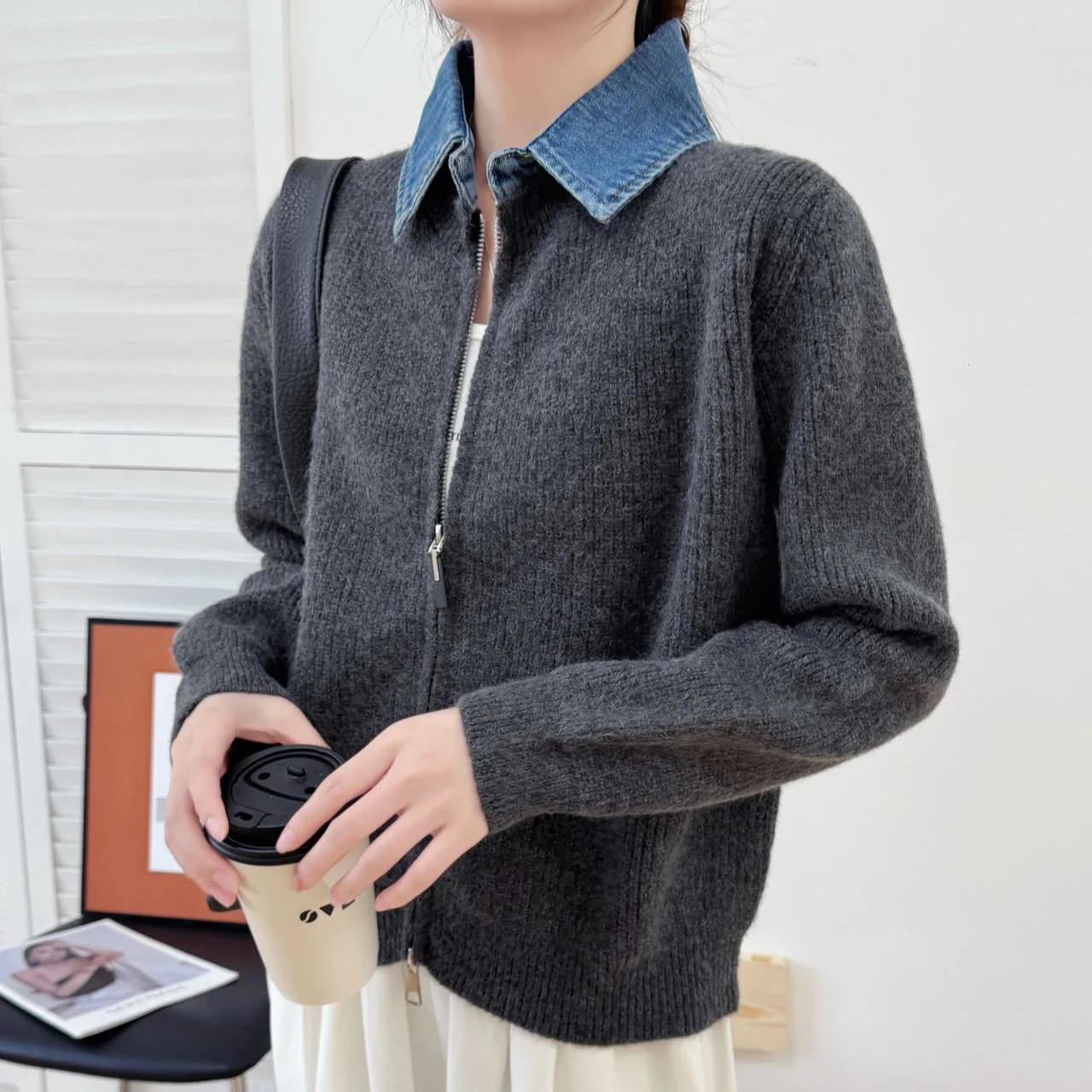 2026 Autumn and Winter New Fashion Denim Splicing Lapel Knitted Cardigan Loose Lazy Wind Solid Color Versatile Sweater Jacket