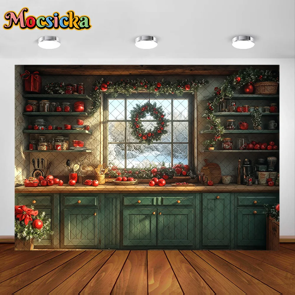 Mocsicka fotografia fundo natal cozinha armário maçã decoração pano de fundo família crianças natal festa de férias baile estúdio