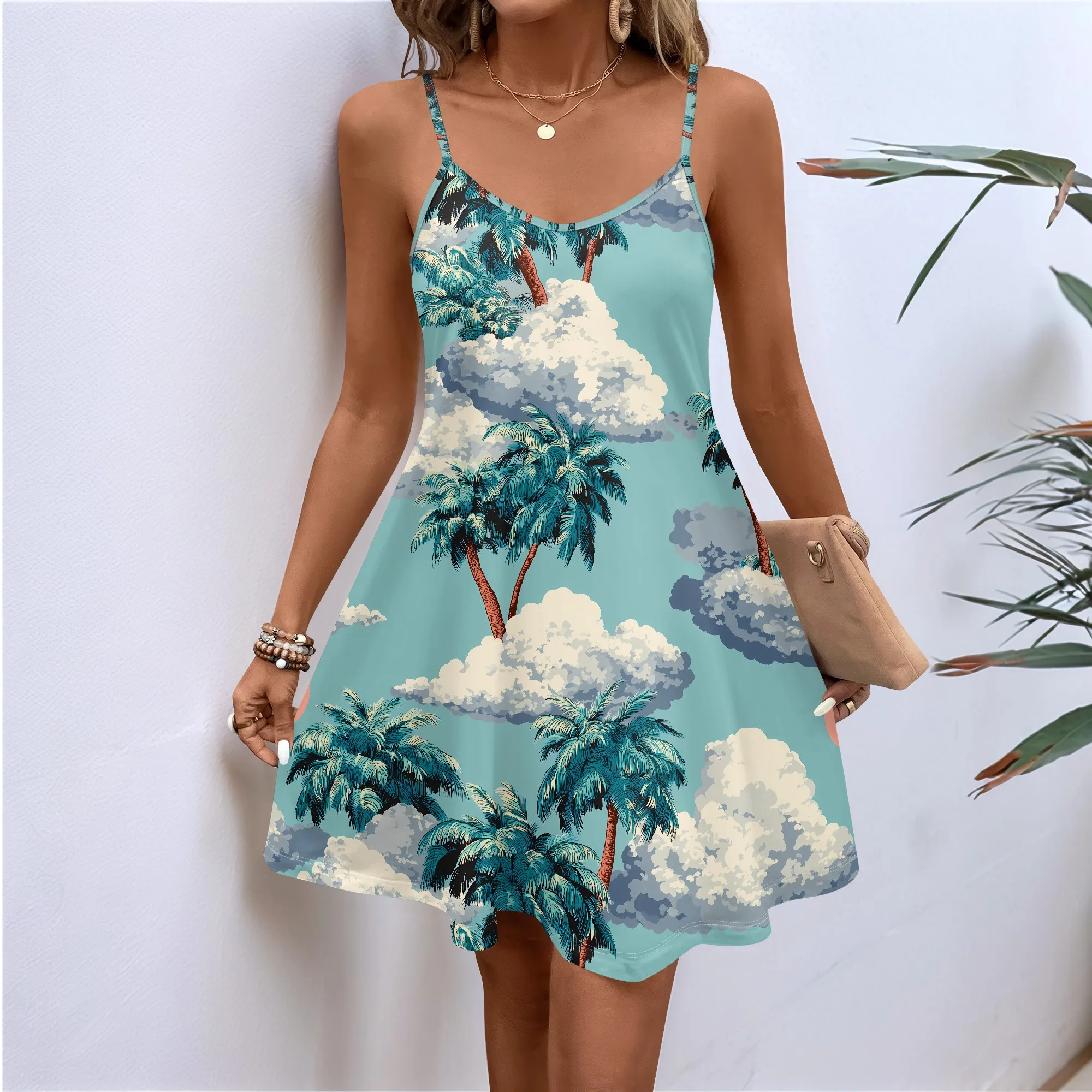 Palm Tree Print, Spaghetti Strap Dress, Tropical Beach Pattern, Sky Blue Summer Sundress, Casual Vacation Wear for Women, XS-3XL