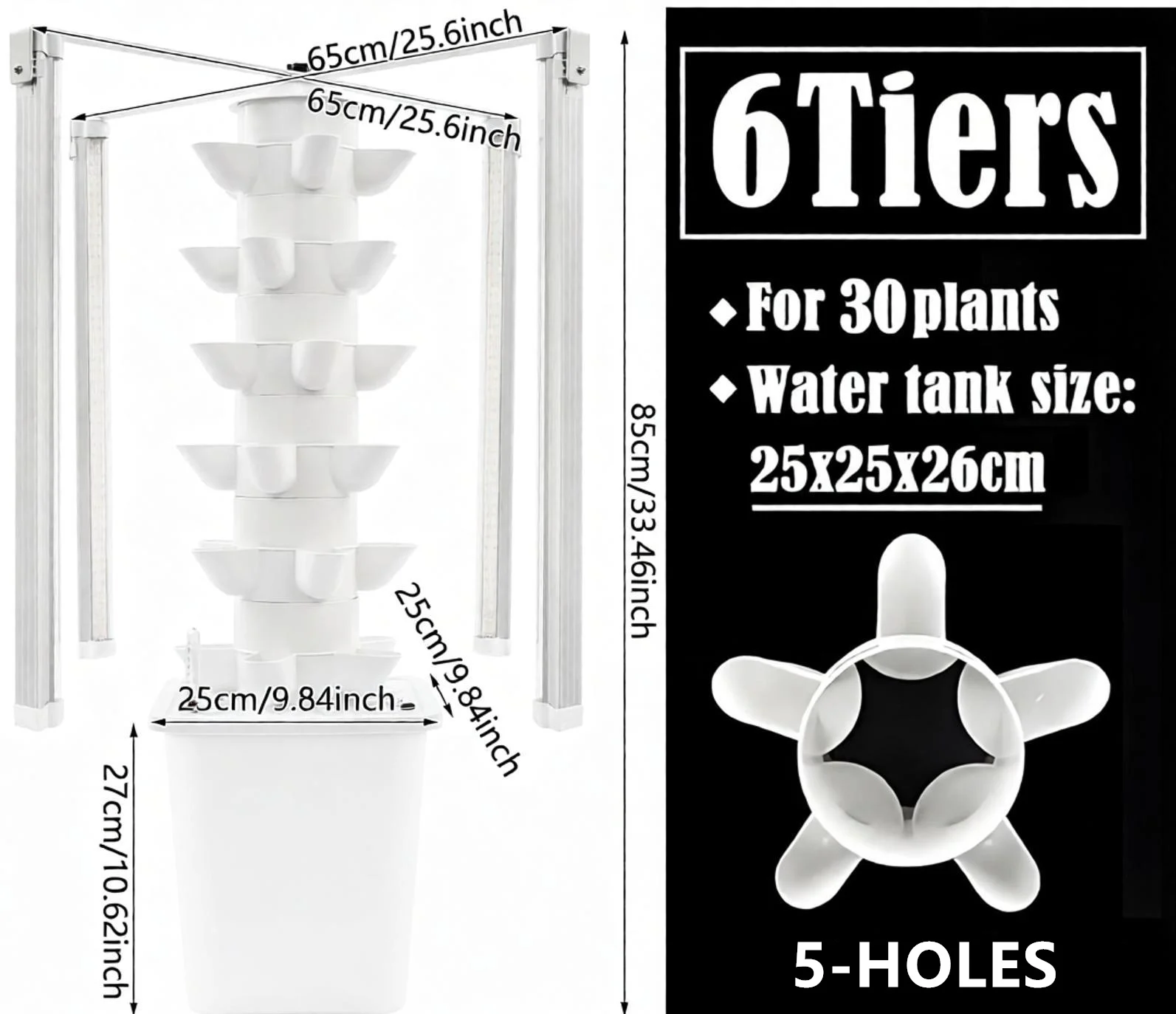 6 Tiers 30 Pods White Hydroponics Growing System Kits with LED Grow Lights,Timer,Water Tank,Pump for Indoor Home Garden