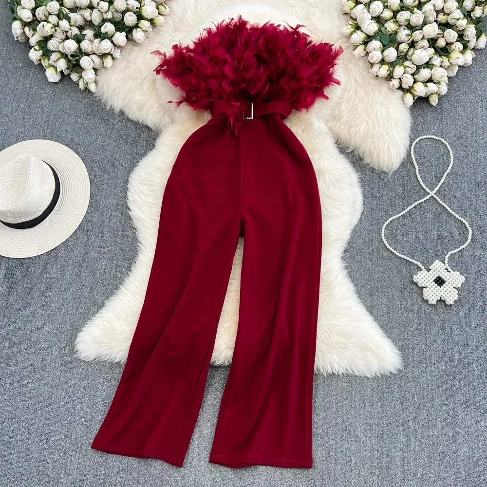 

Feather Spliced Elegant Belt Jumpsuits for Women Tassels High Waist Solid Colours Straight-leg Pants Chic Skinny Femme Bodysuits