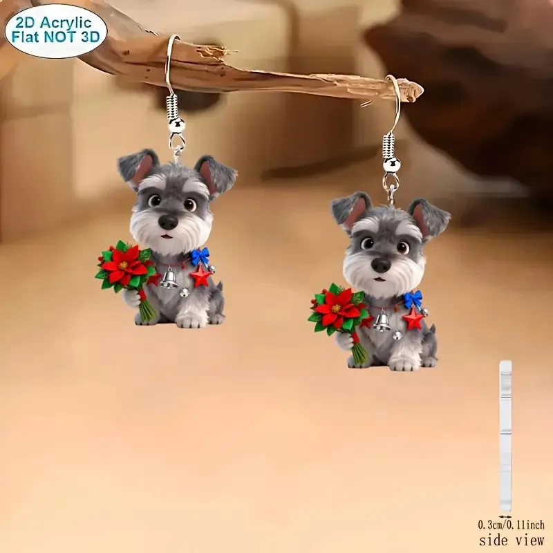 Nuevos pendientes de cachorros de flores de Navidad 2D, pendientes de perro Schnauzer de dibujos animados planos acrílicos, un regalo para los amantes de los perros