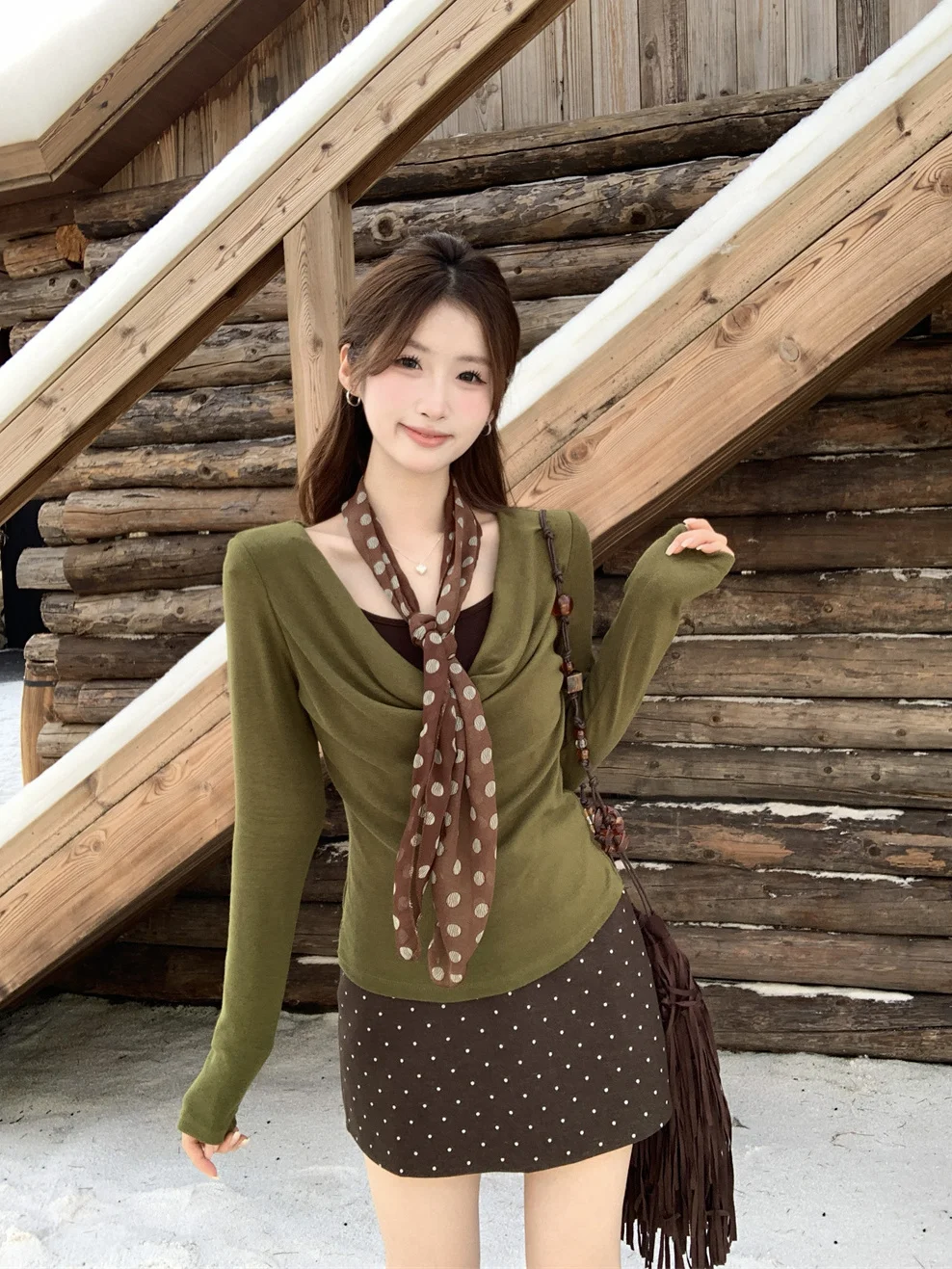 

Женская футболка Kumikumi с длинным рукавом, приталенная, летняя, с эффектом омоложения, с цветными блоками и вырезом на горловине, в корейском стиле, для повседневной носки