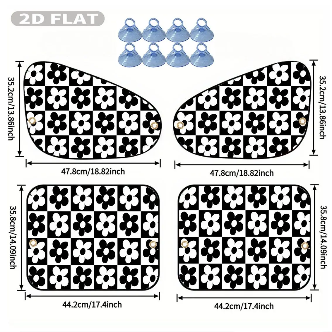 2D FLAT Printing 4pcs Car Side Window Sunshades with 8 Suction Cups, Black And White Flower Checkerboard Pattern Print