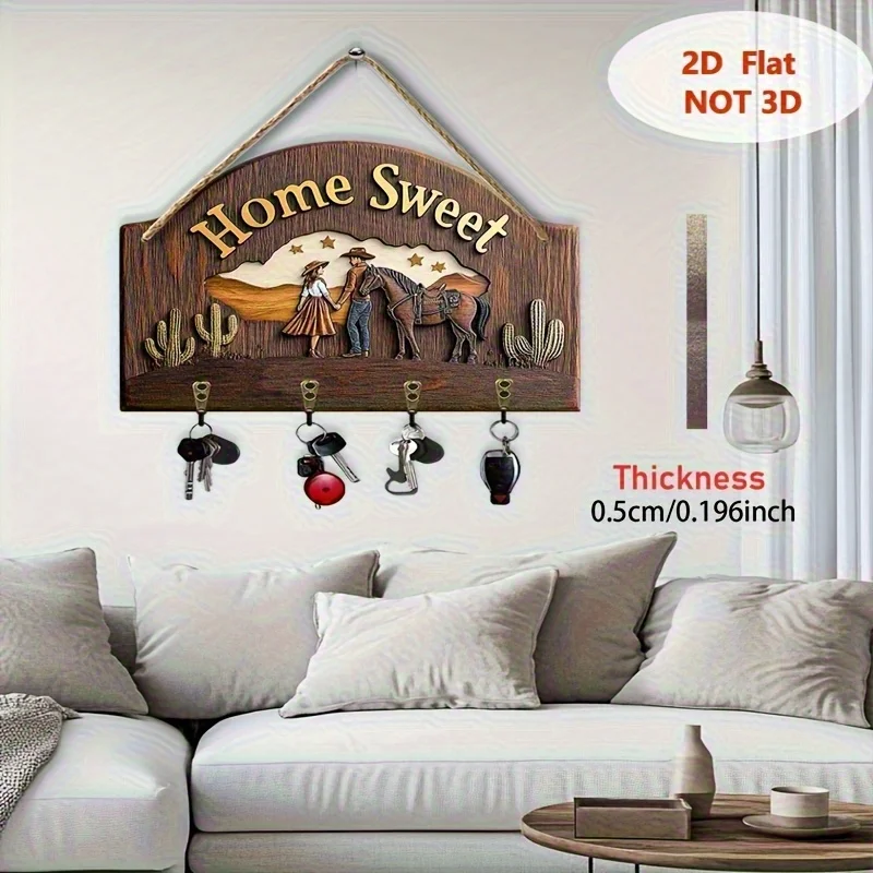Colorful Cowboy Couple 2D Wooden Key Holder With Four Metal Hooks Wall Decor For Corridor Room Villa Four Season Home Decor