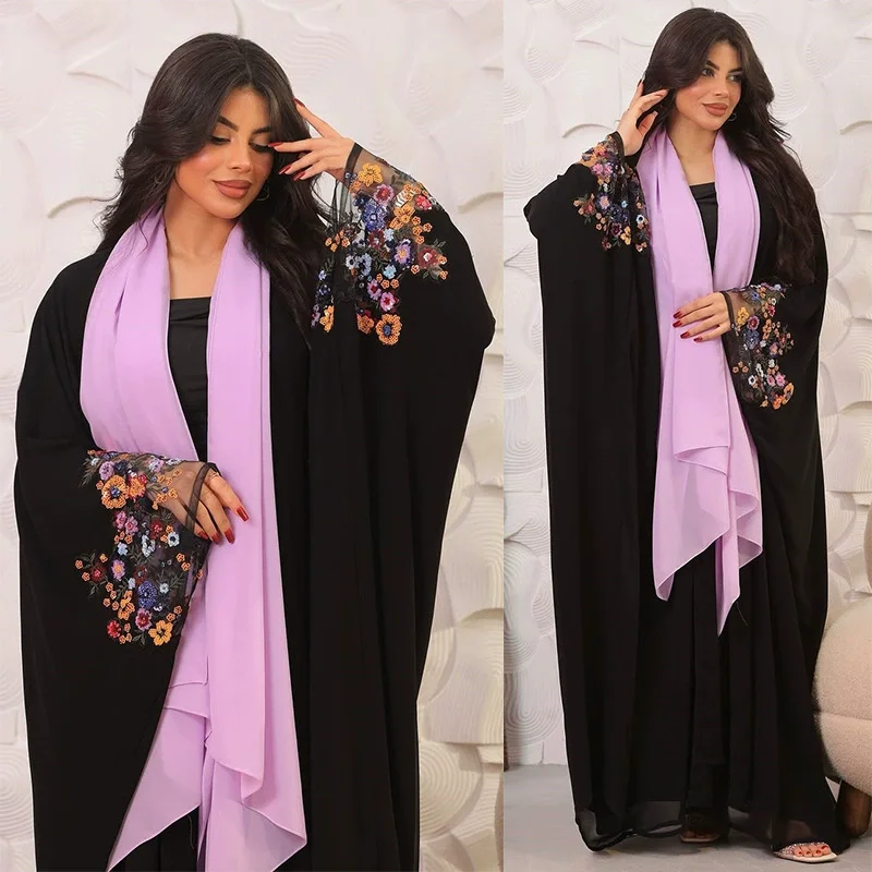 

Spring/Summer New Ramadan Saudi Arabia Morocco Muslim Robe Coat Open Collar Abaya Black Bat SleeveI slamic Women Dress in Stock