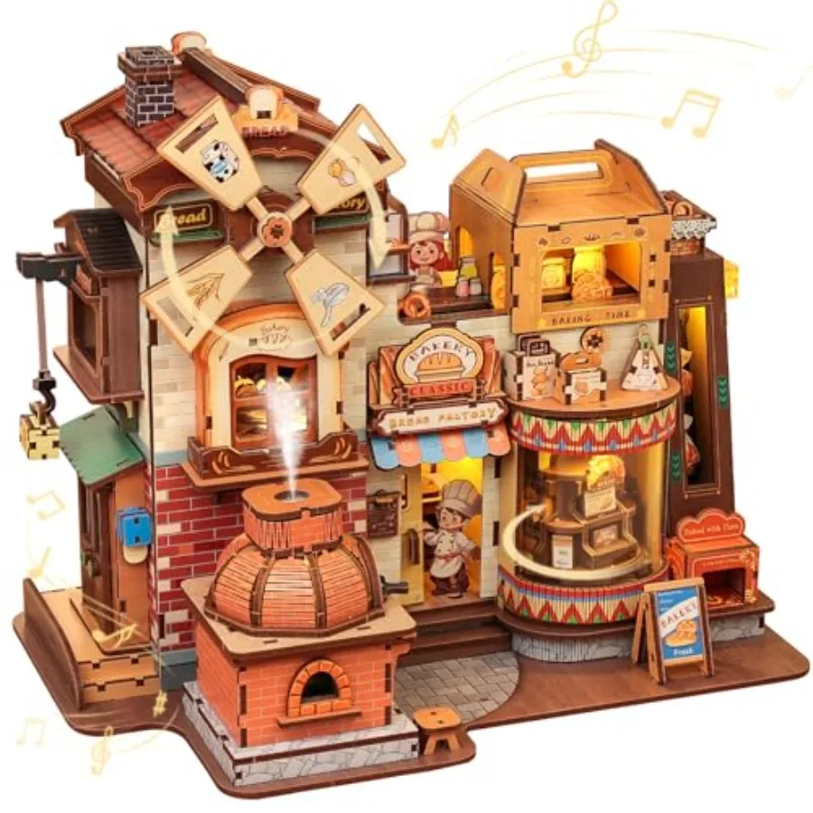 3D Wooden Puzzles for Adults - Mechanical Bread Factory Building with Music and Smoke Effect and Light Up Miniature Craft Kit w