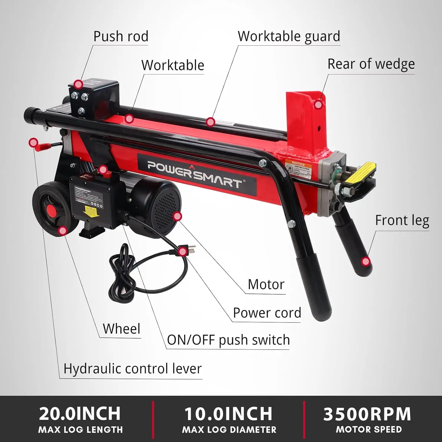 6-Ton - Efficient Wood Splitter with 3500 Motor Speed, 15 Amp, Horizontal Full Beam Design