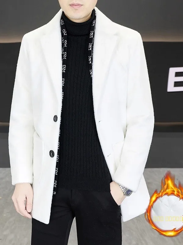 

Thiened Cotton Warmth Men's Woolen Coat Casual Mid-Length Autumn Winter Faionable Sli Outerwear with Fur Collar