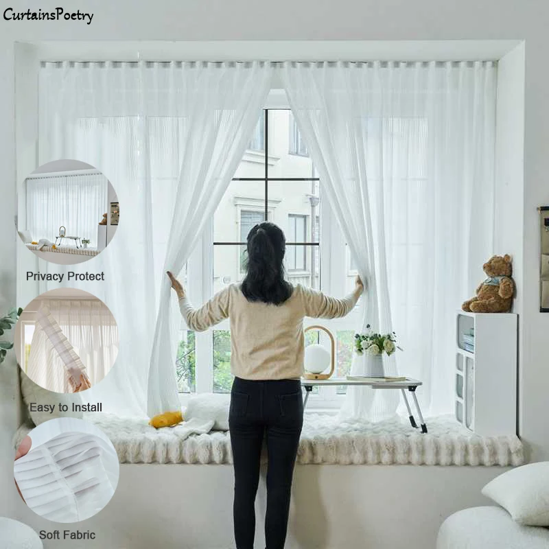 

1Pc Punch Free Stripe Curtains Self Adhesive White Semi Sheer Modern Window Curtains for Bedroom and Living Room Home Decoration