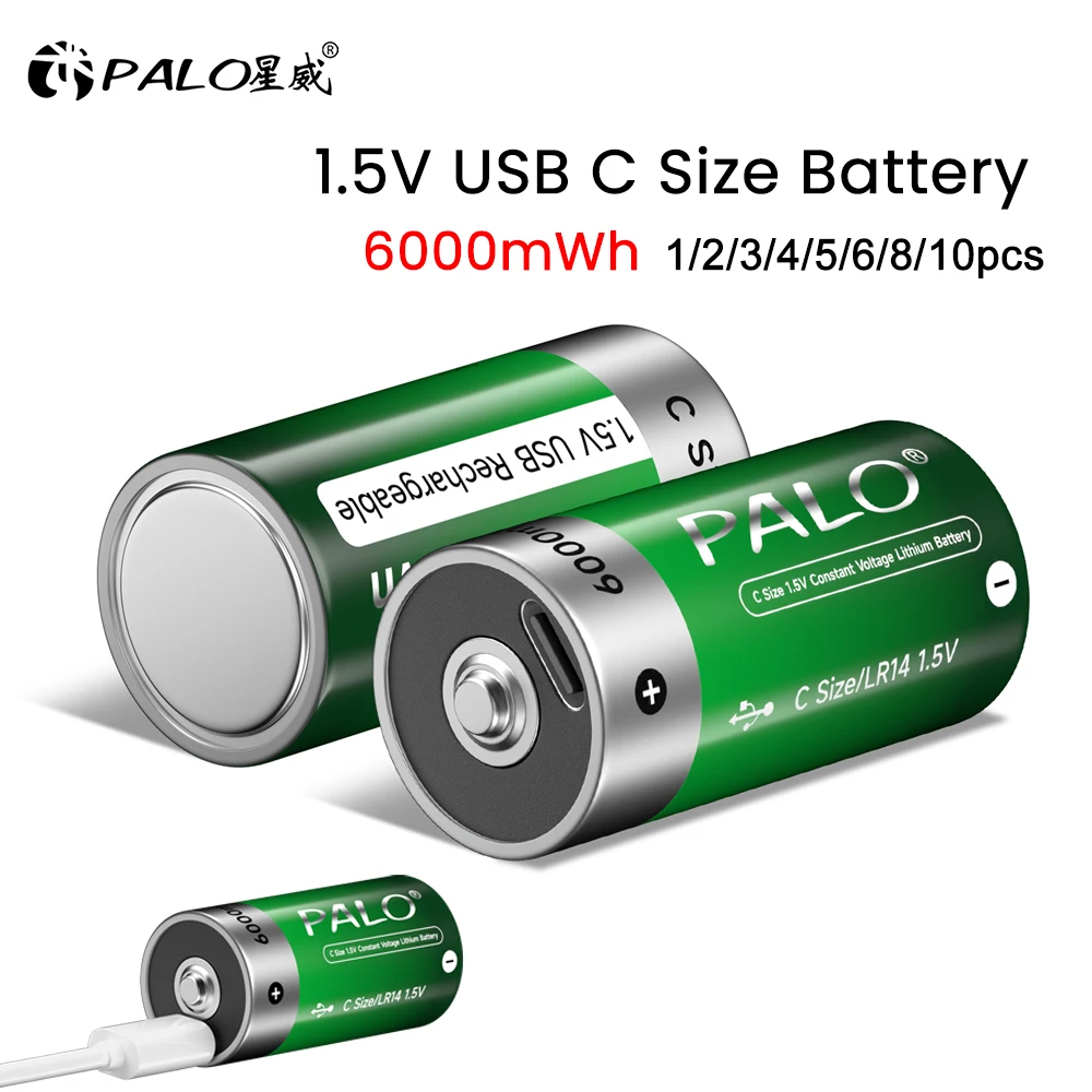 PALO 1-10pcs 1.5V 6000mWh C Size Rechargeable Batteries USB Rechargeable Lithium Li-ion Battery LR14 For Gas Stove Water Heater