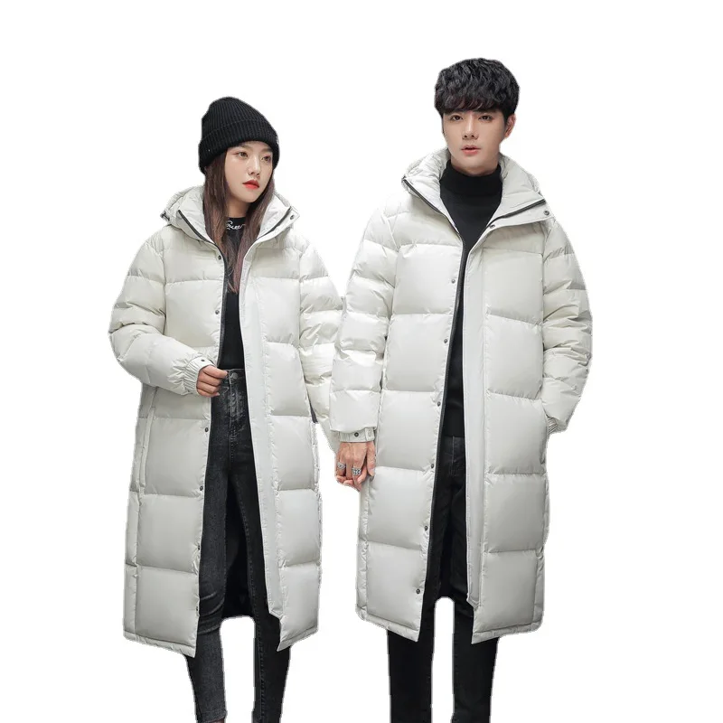 White Duck Down Puffer Jacket Men\'s Down Jackets Women Winter Couple Outfit Warm Parka Hooded Thicken Overcoat Long Knee Length