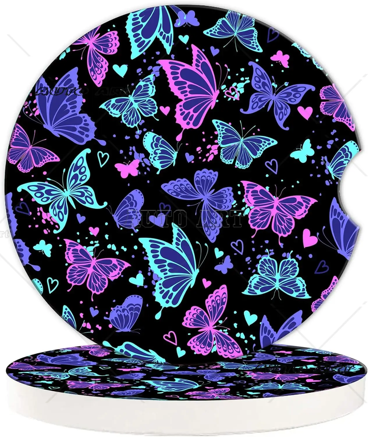 Psychedelic Neon Butterflies Car Coaster  2PCS Universal Anti Slip Car Assecories Cute Car Coasters with A Finger Notch