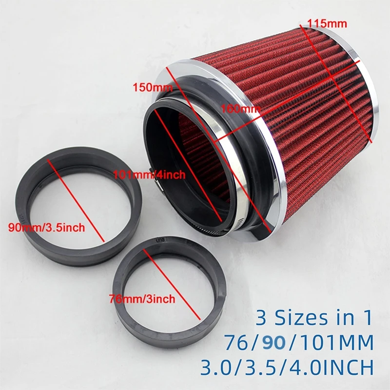 76MM 90MM 101MM High Flow Cold Cone Air Intake Filter 3.0inch 3.5inch 4inch Universal Car Air Filter Modification for Race Car