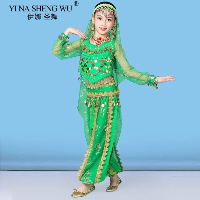 Children Belly Dance Indian Costume Set Sari Girls Dance Performance Chiffon Bollywood Outfit Children Indian Dance Costumes Set