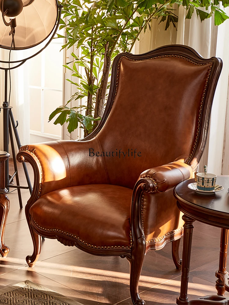 

American Style Luxury Vintage Mahogany Solid Wood Genuine Leather Leisure Chair Sofa