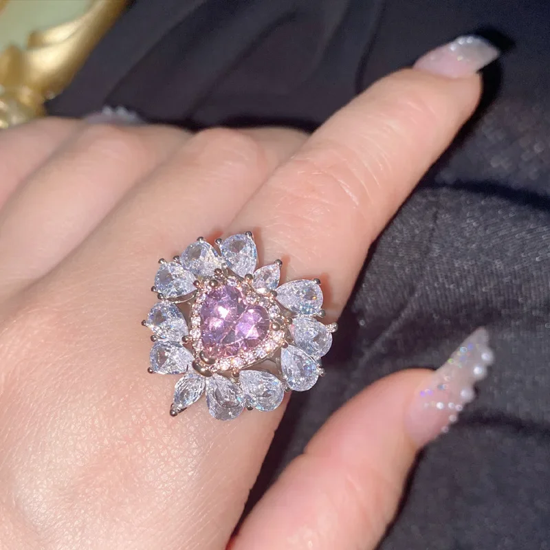 

MDLFES Moissan Diamond Стиль Винтаж Необычный Цвет Сердце Кольцо Женское Позолоченное 18 К Каплевидные Лепестки Полные Бриллиантов Розовый