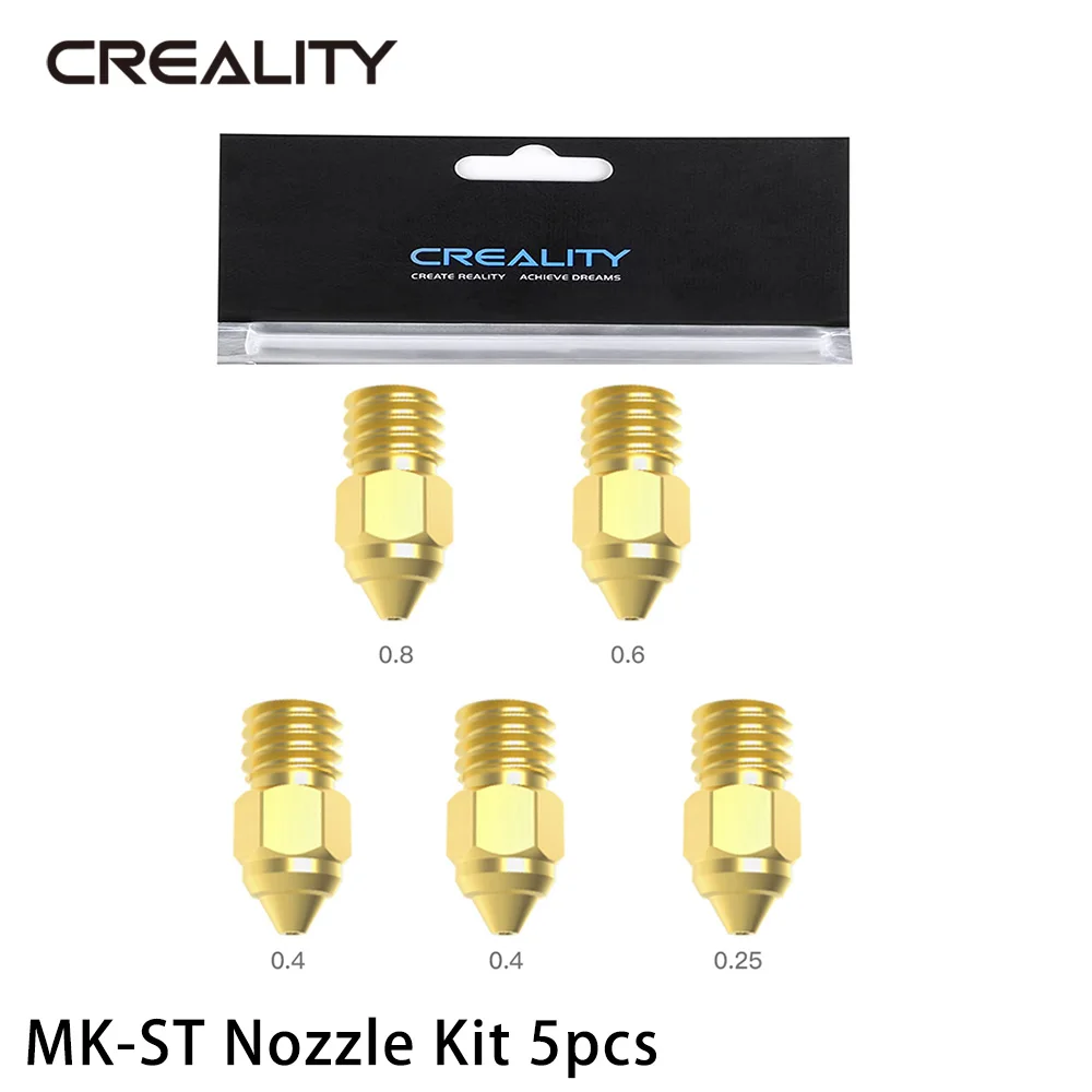 

CREALITY 3D Printer Parts MK-ST Nozzle Kit 5pcs/set 0.25mm 0.4mm 0.6mm 0.8mm for Ender3 Series/CR6 Series/Ender5 Series