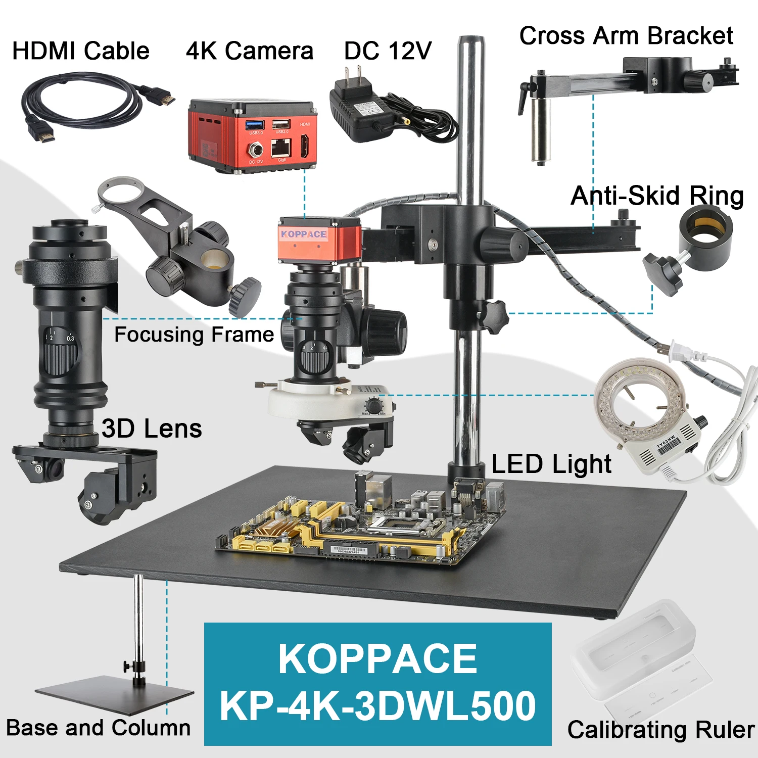 KOPPACE 2D/3D Electron Microscope 360°Rotation 4K HD Imaging 23X-169X large Travel Cross arm Bracket