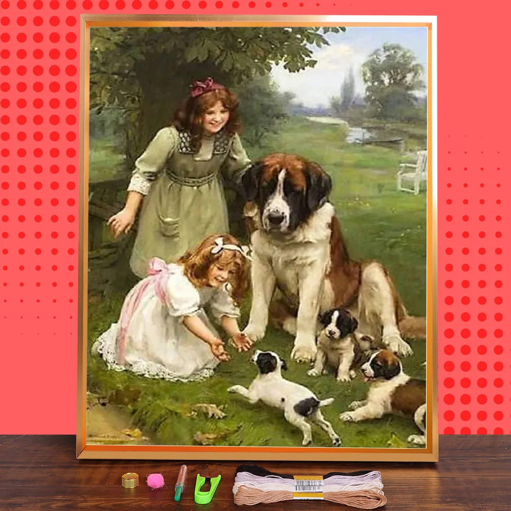 Dog animal Girl Printed Fabric 11CT Cross Stitch Patterns Embroidery DMC Threads Sewing Handmade Painting Handiwork Needle
