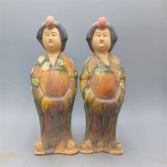 Old Collection Tang Sancai Painted Female Figure Statues A Pair Antique Imitation Collection Vintage Chinese Rare Art Decor