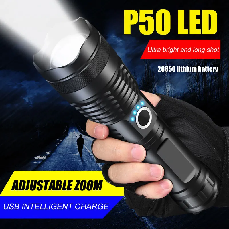 

LED Flashlight Outdoor Zoom Lamp High Power USB Rechargable Super Bright Torch XHP50 Portable Lantern For Camping Fishing Light