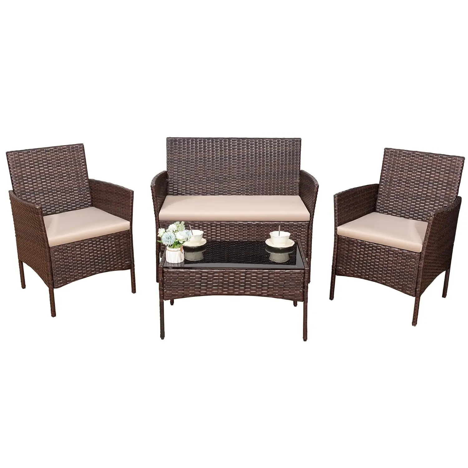 o*-4 Pieces Outdoor Patio Furniture Set, PE Rattan Wicker Chairs Balcony Lawn Porch Patio Furniture Sets with Beige, Customized
