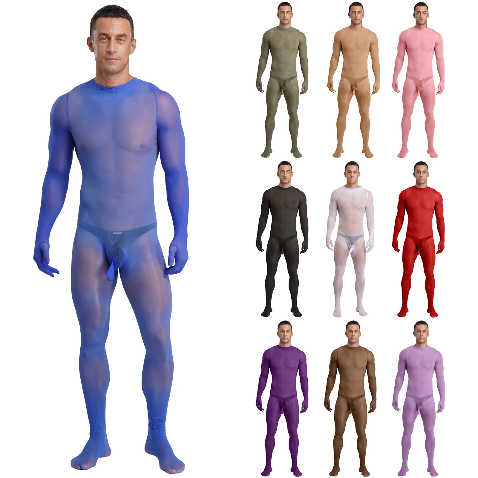 

Mens See Through Bodystockings Sissy One Piece Lingerie Full Body Bodysuit Gloved Sleeve Opening Sheath Pouch Sheer Unitard
