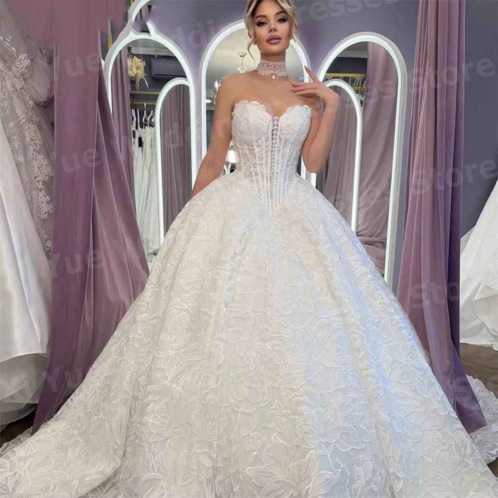 Romantic A Line Women's Sweetheart Lace Pearl Long Sleeve Wedding Dresses Vestido De Novia Bride Gowns Customized Robe De Mariée