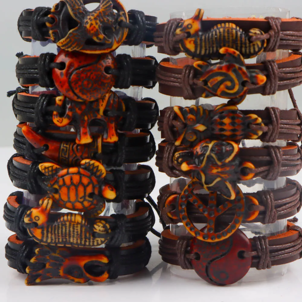 10 قطعة/الوحدة أزياء خمر تصميم جديد سحر الجلود الحيوان قابل للتعديل أساور الإسورة للنساء الرجال مزيج نمط مجوهرات حزب هدية #4