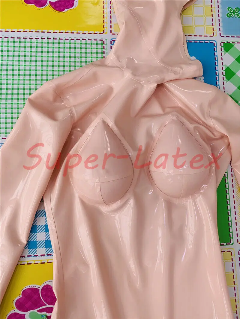 Skin latex catsuit open face fixed C Cup silicone breast handmade gloves kig Customized