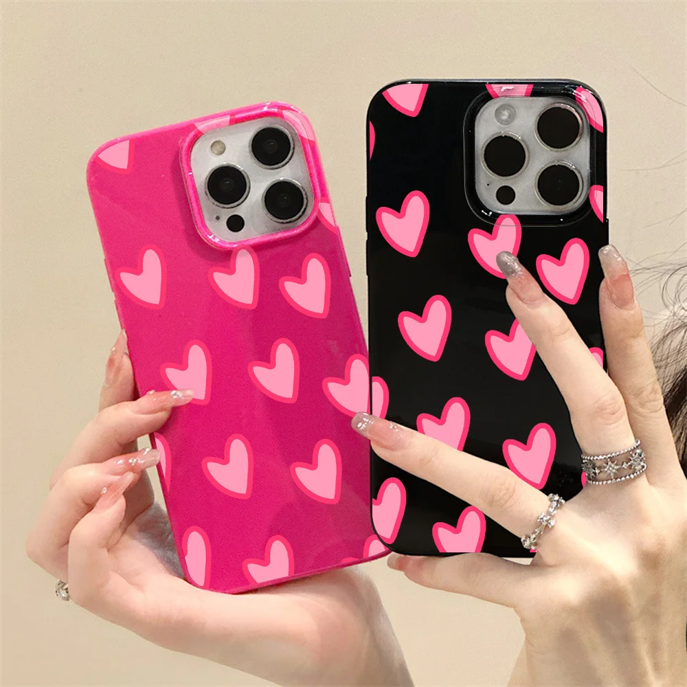 Cute INS Korean Pink Love Heart Phone Case for iPhone 13 Case iPhone 11 12 14 15 Pro Max XR X XS 7 8 15 Plus SE 2020 Soft Cover