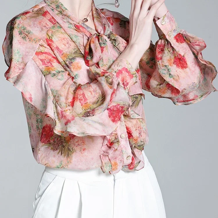 Tcyeek 2023 New Elegant 100% Mulberry Slik Shirt Women Clothing High Quality Lace Up Long Sleeves Tops Women Printing Blouse Zm