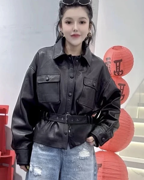 Bla ライチ柄本革ジャケット レディース ウエストシンチング オート スリミング バイカー コート Sサイズ l アウター