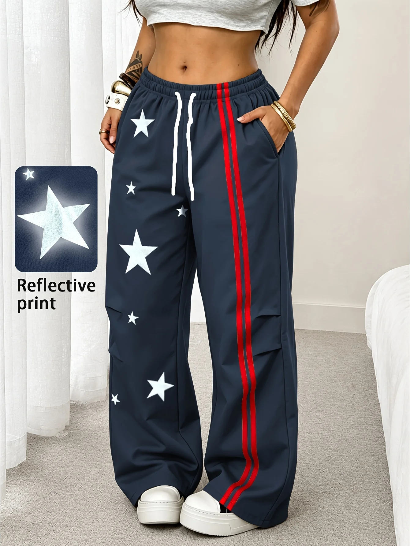 2026 Summer Women Navy Pants Side Dual Red Stripes Reflective Star Print Drawstring Elastic Waist Y2K Streetwear Trousers Kids