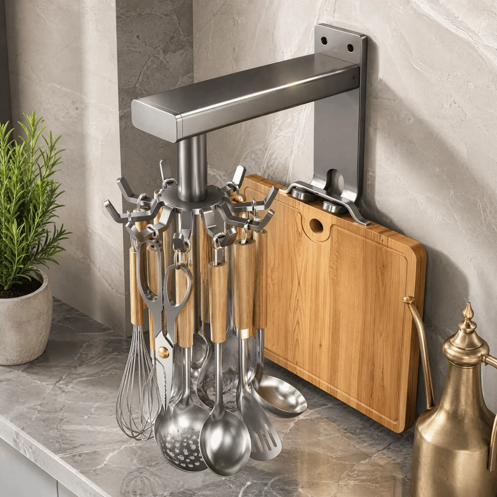 Wall Mounted Kitchen Hook Rack No-Drill 360 Degrees Rotating Rotating Hook Rack Universal Heavy Duty Kitchen Storage Rack