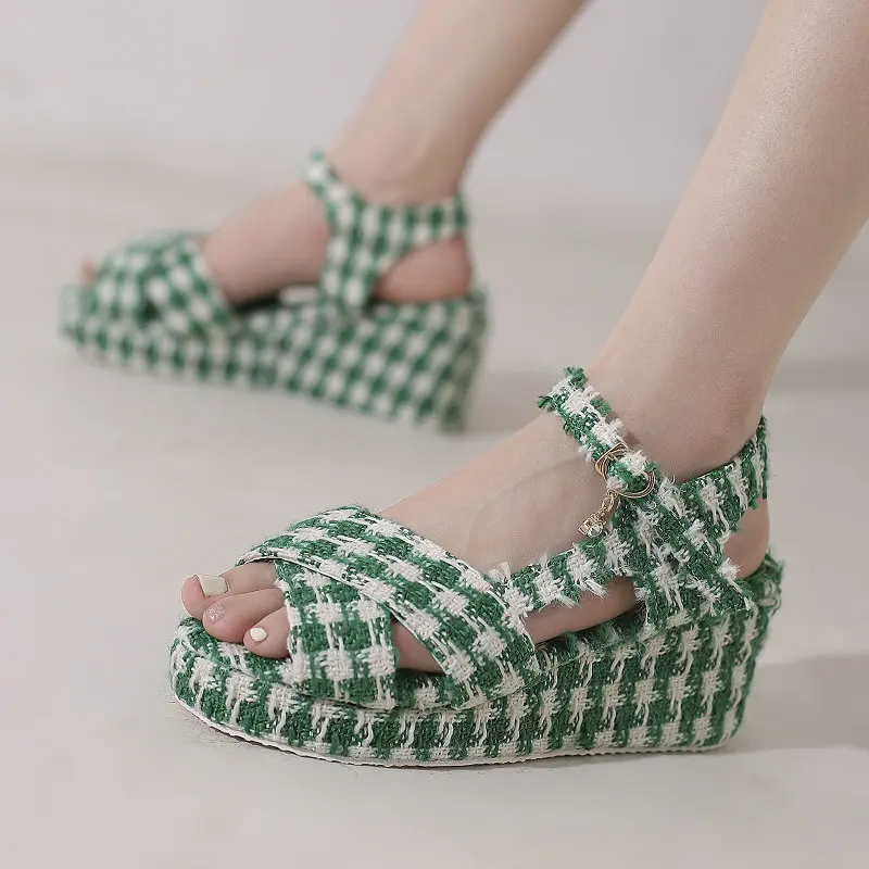 Big Size 33-43 Green White Mixed Color Checkered Plaid Women Shoes Open Toe Summer Platform Flats Vocation Wedges Heels Sandals