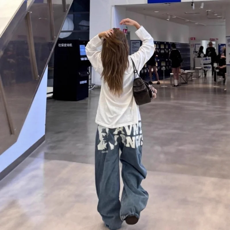 Jean Baggy bleu Y2k pour femme, pantalon en Denim imprimé Vintage Harajuku, Style japonais des années 2000, vêtements surdimensionnés, automne