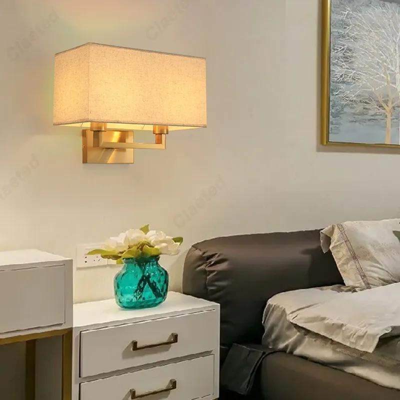 Simples LED dupla cabeça lâmpada de parede, abajur tecido, quarto, cabeceira, farol, interior, decoração de casa, luminária, E27