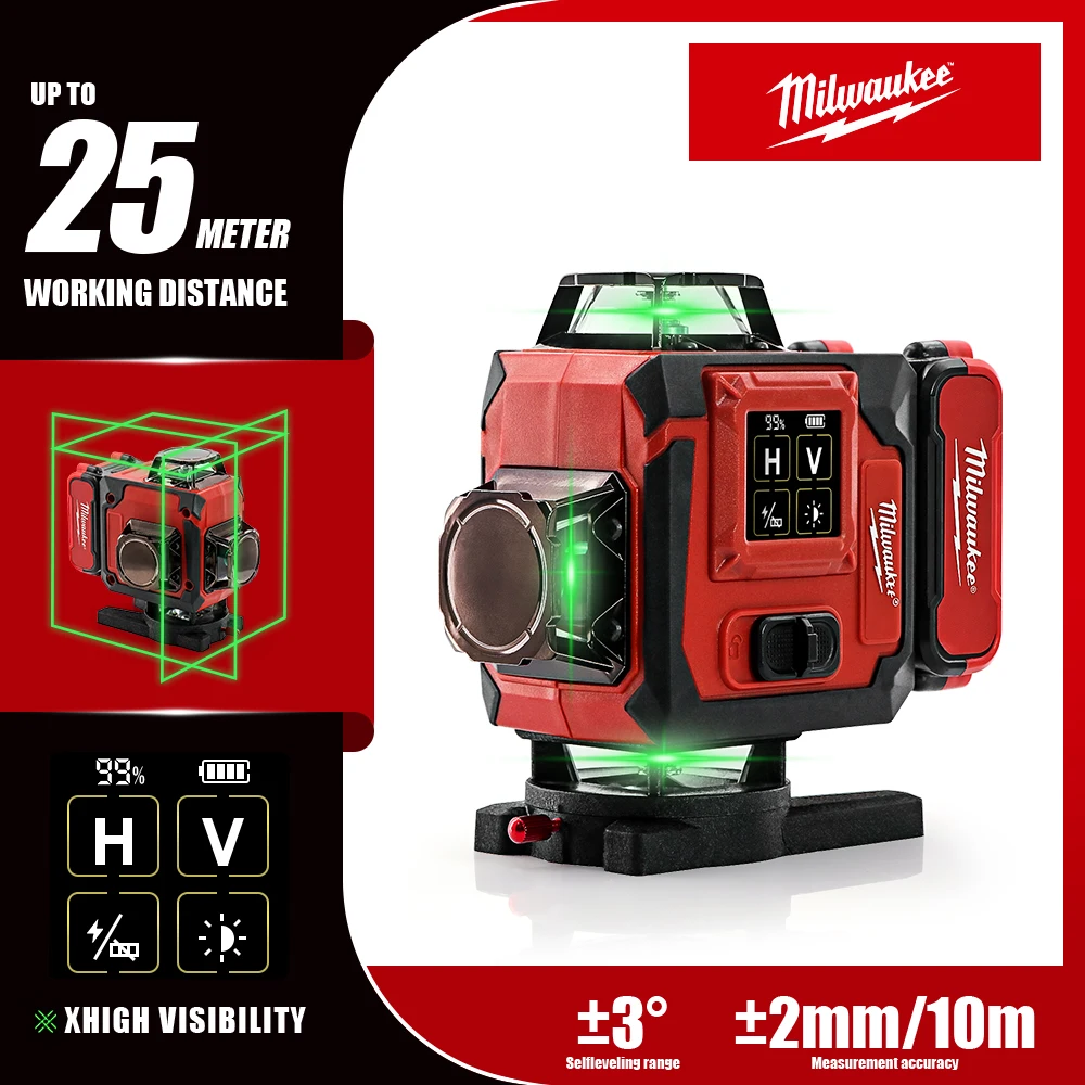 Milwaukee 12/16 lignes niveau laser 4D 360 ° Niveau Laser à lignes transversales horizontales et verticales à nivellement automatique, faisceau vert super puissant