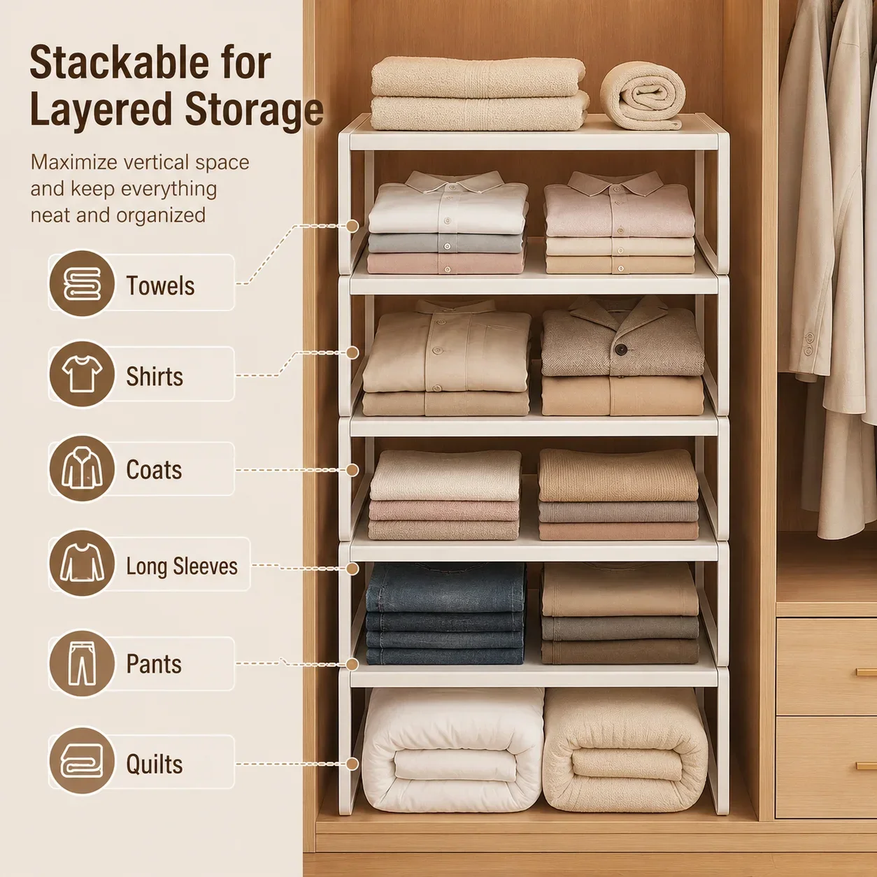 Wardrobe Shelf Expandable Organizer, Stackable Carbon Steel Storage Rack, Adjustable Cabinet Divider for Closet Kitchen Shoes