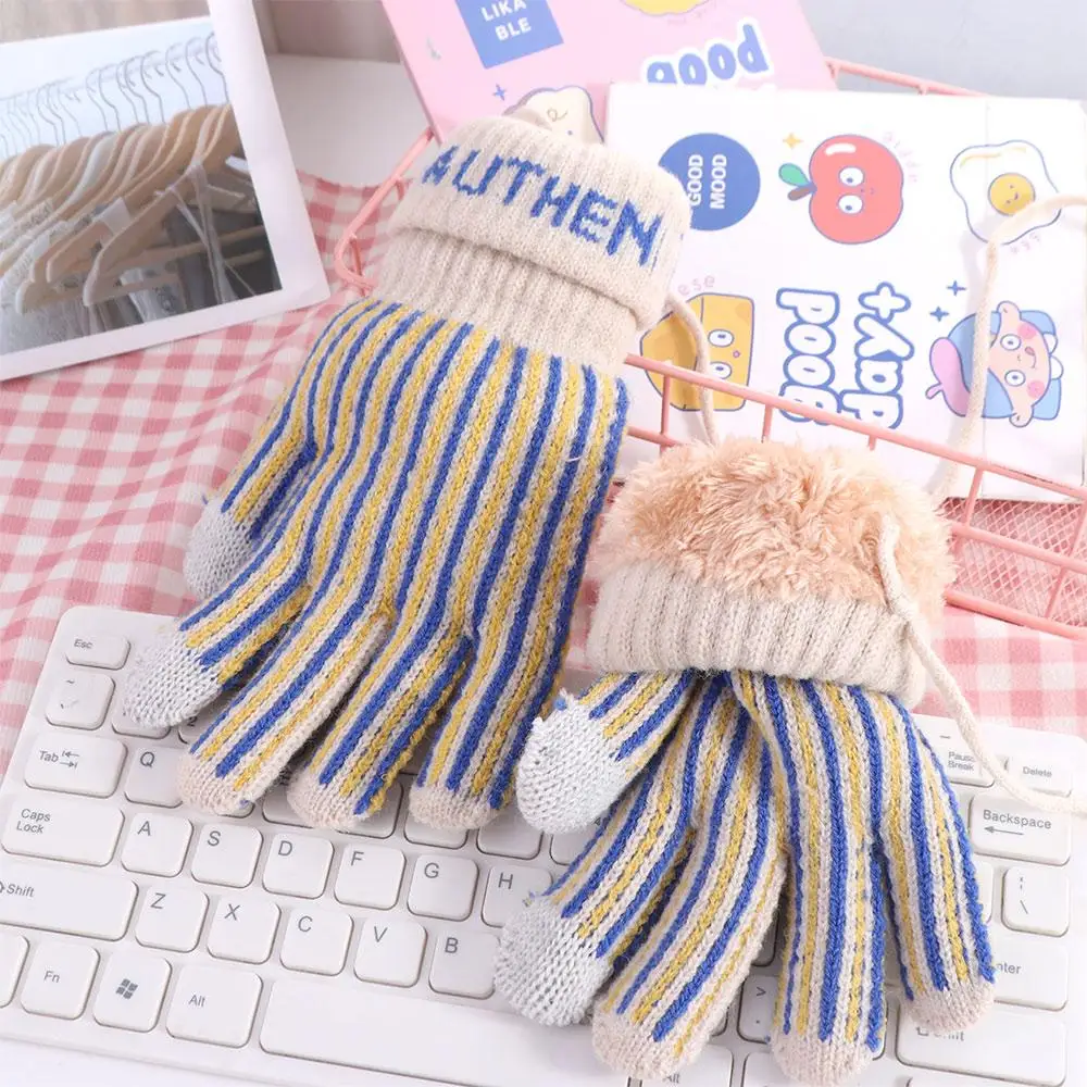 

Retro Thickened Striped Gloves Wool Letter Knitted Gloves Hanging Neck Keep Warm Winter Velvet Mittens Cycling
