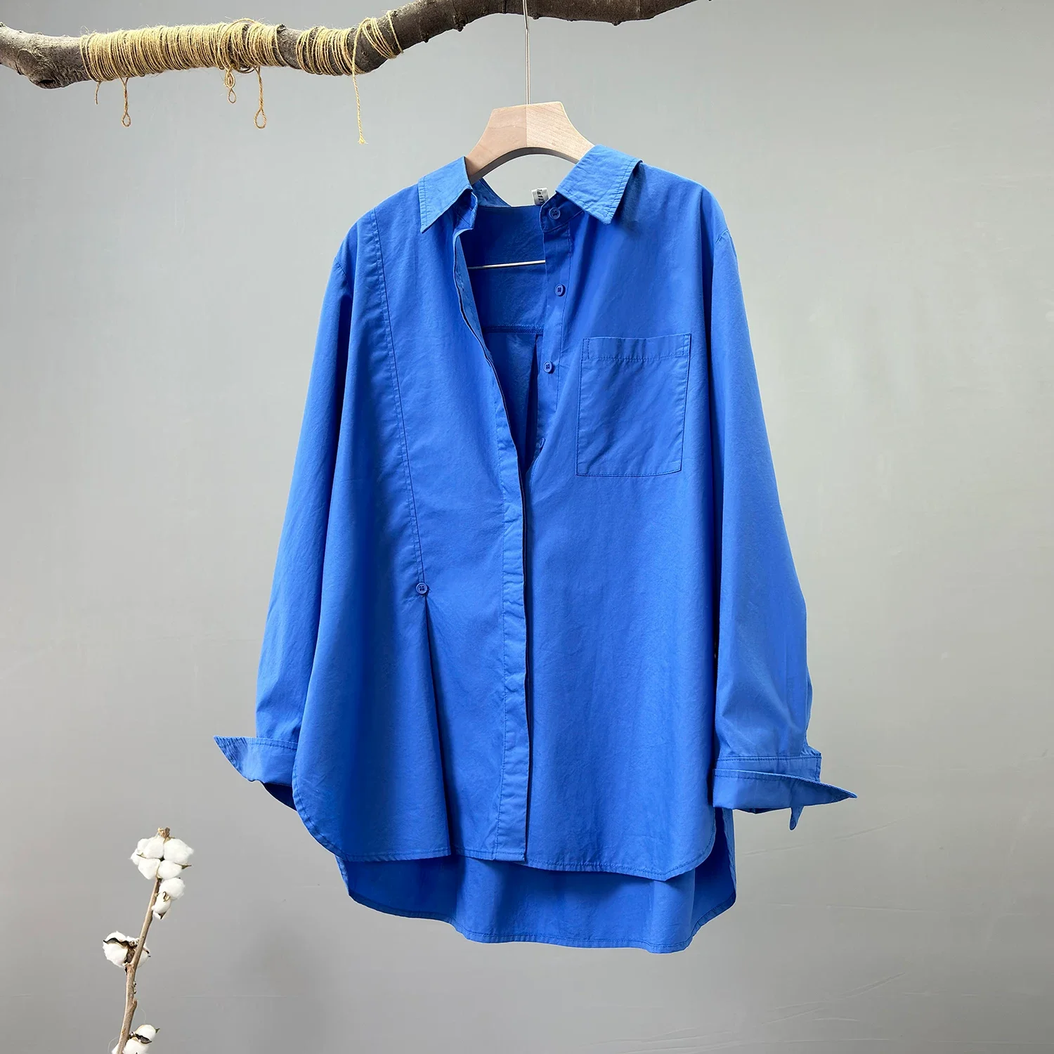 

2026 Spring women's clothing 100% cotton white blue solid shirts long sleeve blouses for women casual ladies clothes