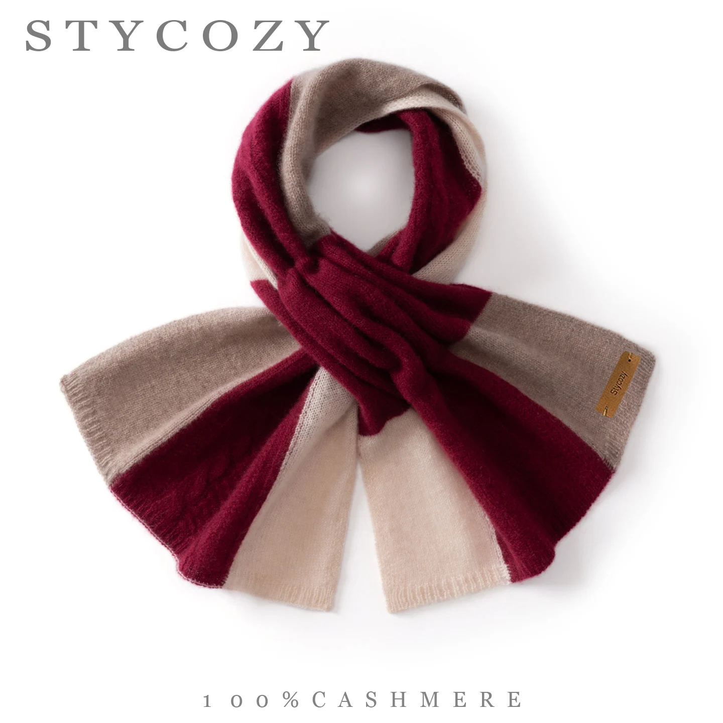 100%Cashmere Color Block Striped Knit Pull Through Hole Scarf Women Winter Small Neck Wrap Daily Couple Style Warm Neck Warmer