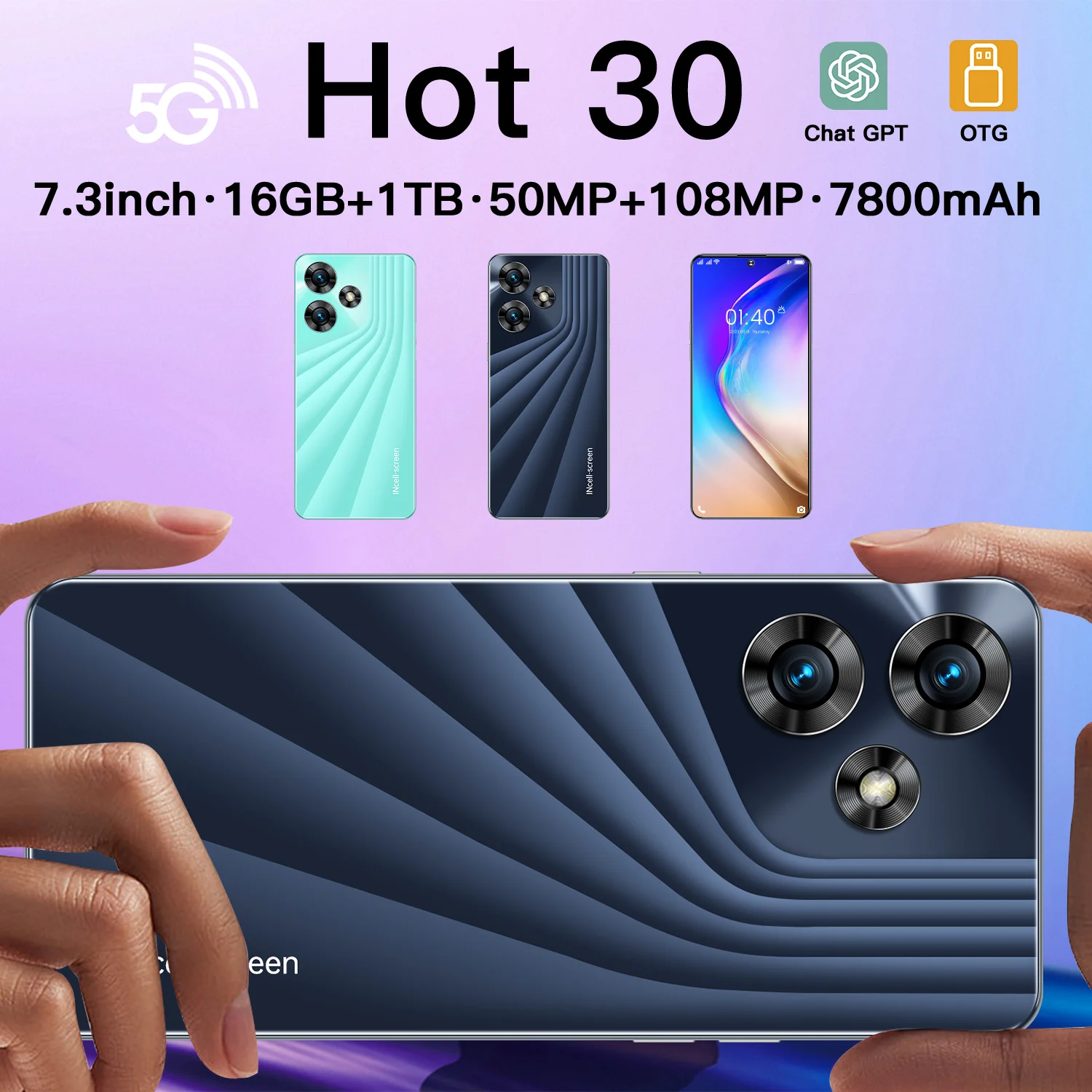 

Global Version Hot 30 Smartphone 5G 7.3 inch HD Screen 7800mAh Dimensity 9200 Android 13 Mobile Phone Unlocked Celulares