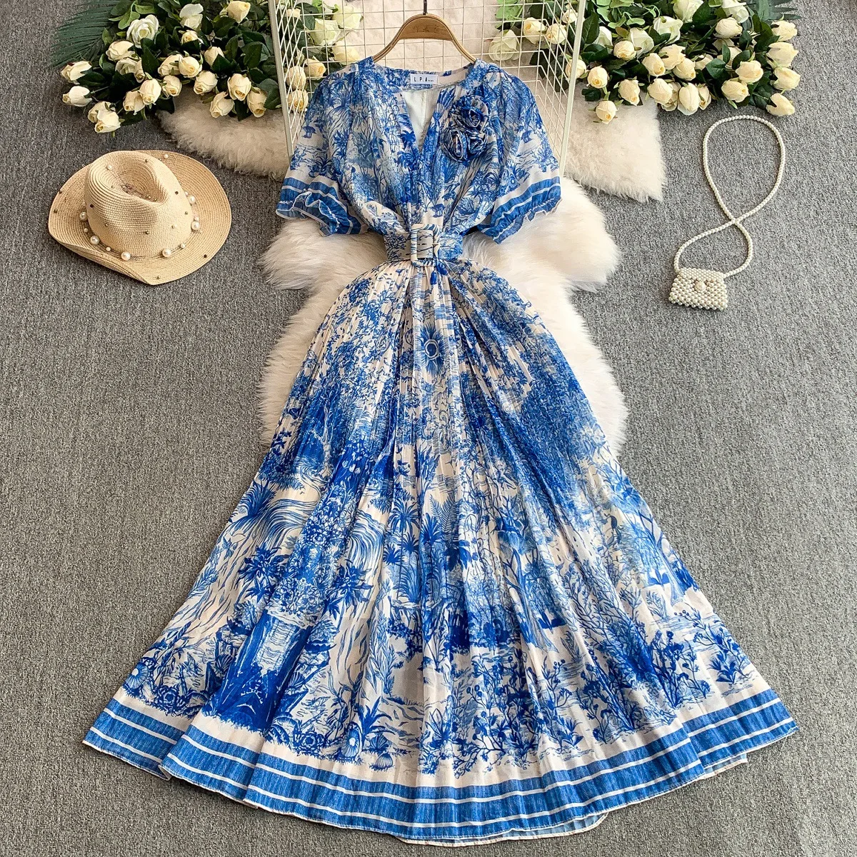 UNI imprimé robe Maxi femmes vacances d'été robes longues chemise 2025 printemps à manches courtes simple boutonnage perles robes de fête