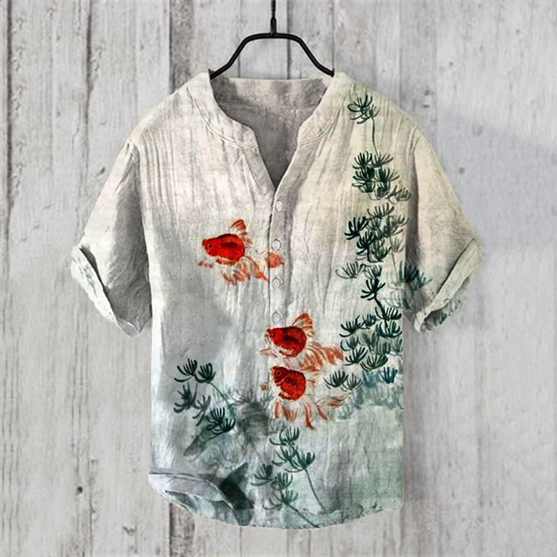 Independent station foreign trade men's short-sleeved shirt 3D digital printing and Chinese painting small goldfish linen shirt