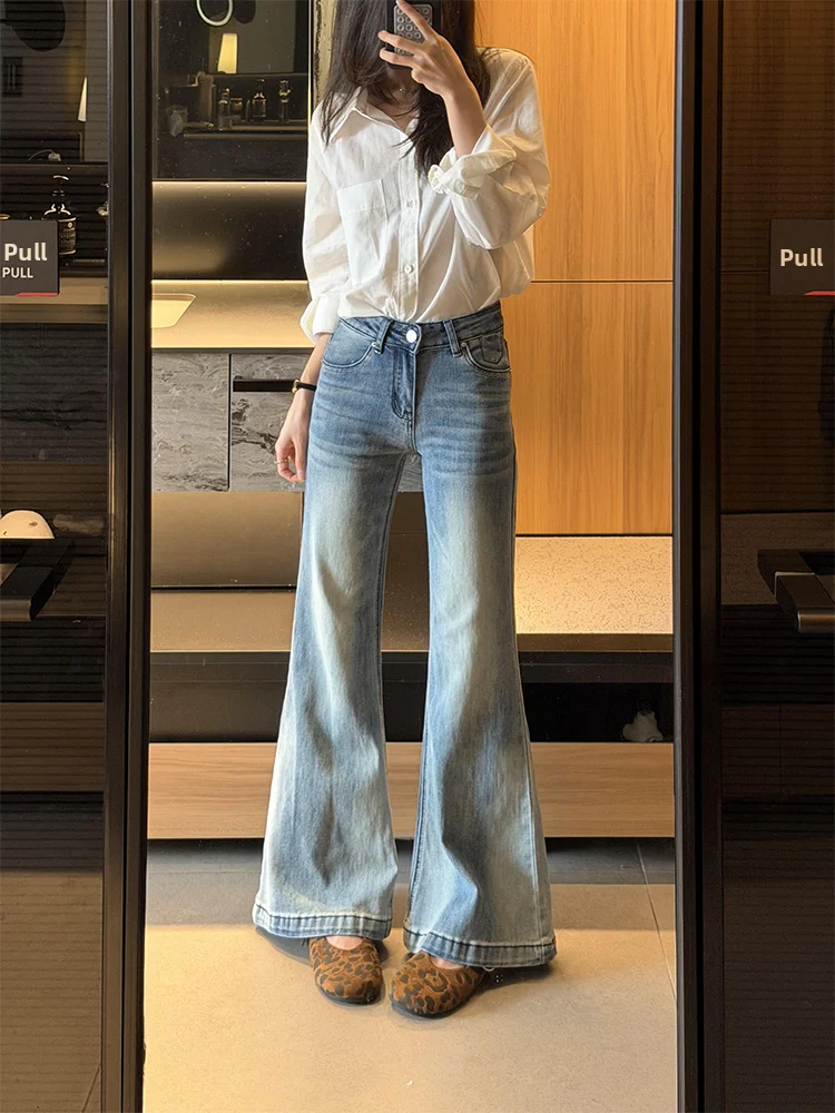 

Ретро джинсы-клеш большого размера синего цвета для женщин, летние, прямого кроя, универсальные, с высокой талией, в корейском стиле