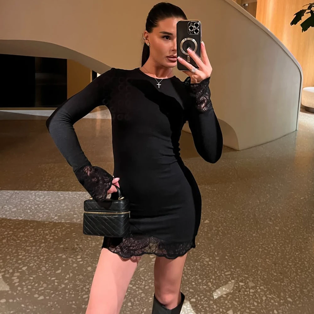 Ticketsx sexy rendas retalhos vestidos moda nova sólida ver através oco para fora magro vestidos femininos elegante festa clubwear vestido